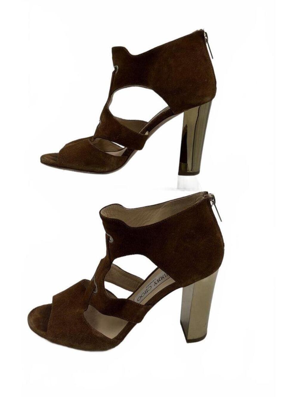Jimmy Choo Lagoon Brown Suede Cage Sandals Metallic Gold Block Heel Size 38